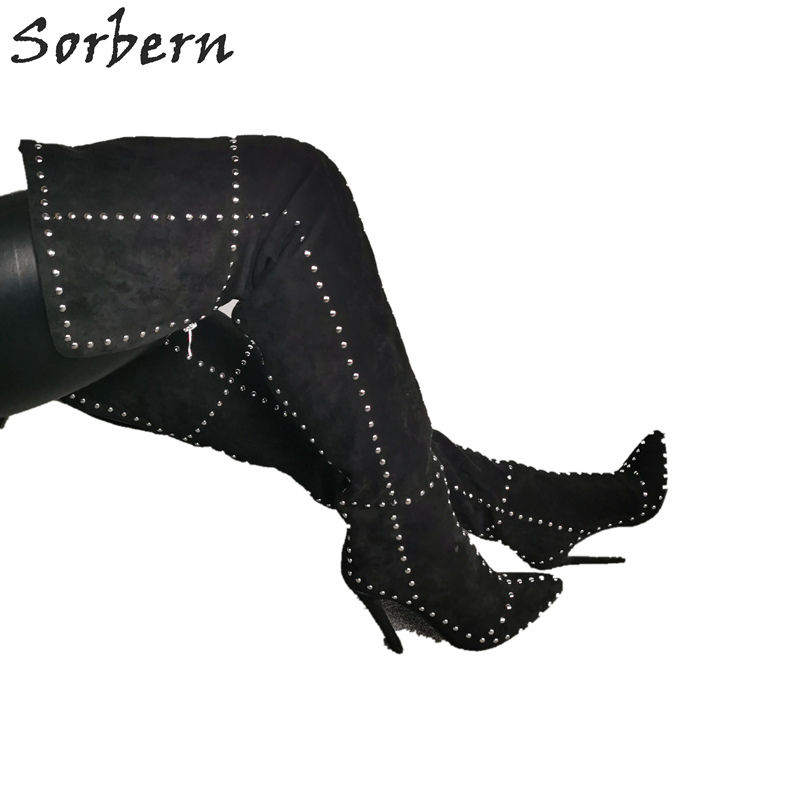 Women'S Shoes Vegan - Sorbern Nieten-Oberschenkelstiefel mit weitem Passform, Damen-Stilettos