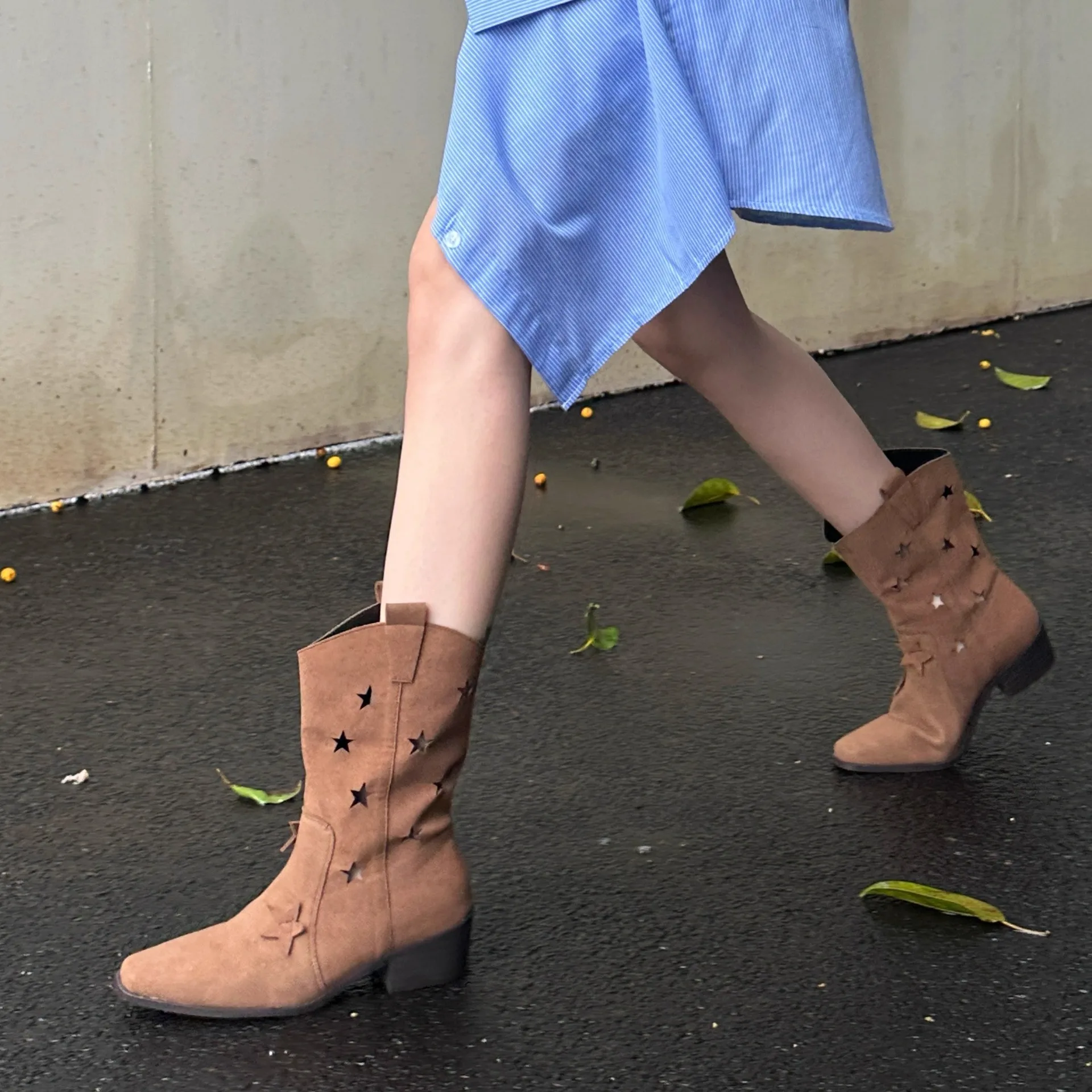 Women'S Shoes Vegan - Damen-Sommer-Retro-Westernstiefel mit runder Zehenpartie und klobigem