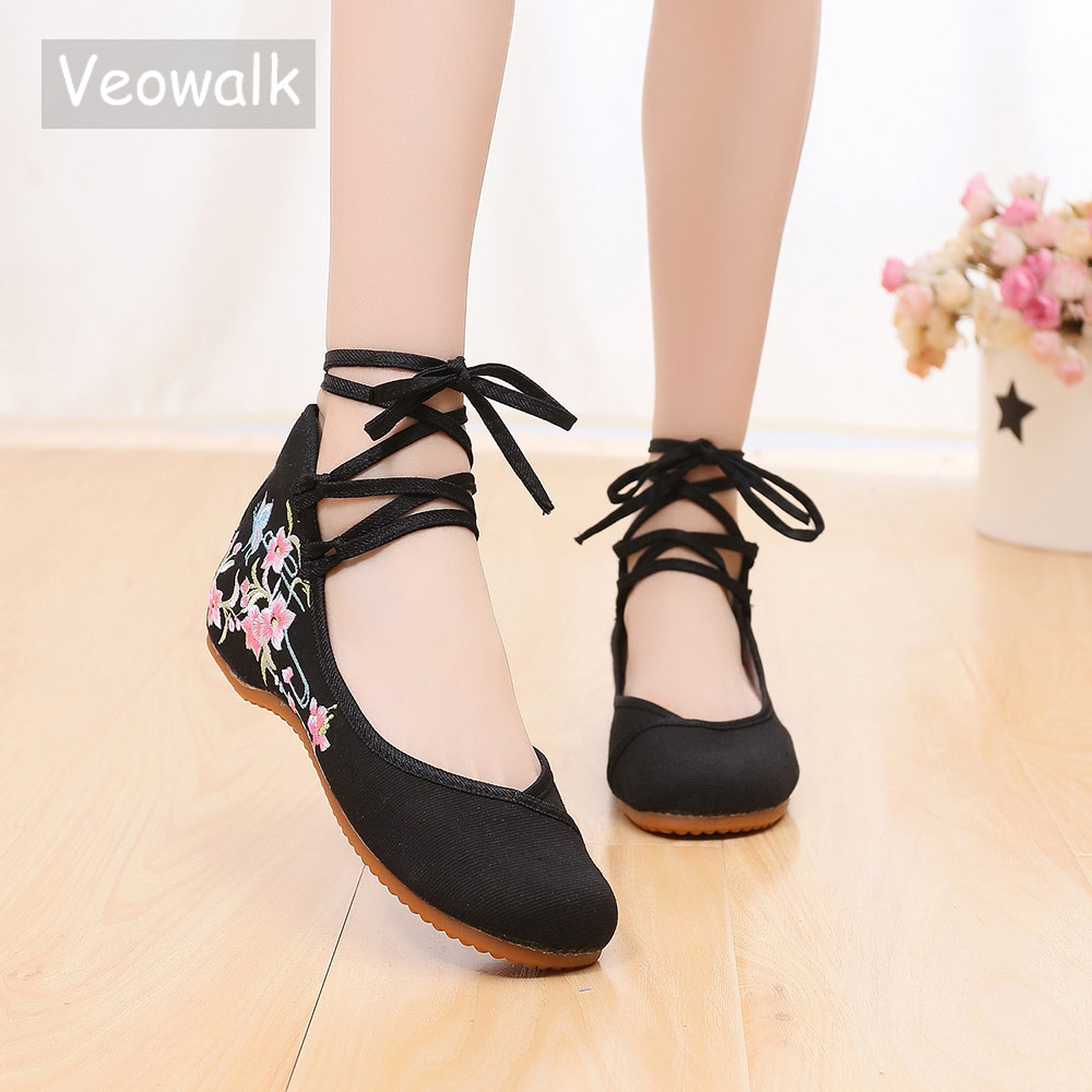 Women'S Shoes Vegan - Veowalk Knöchelriemen-Ballerinas für Damen, Segeltuch, bestickt,