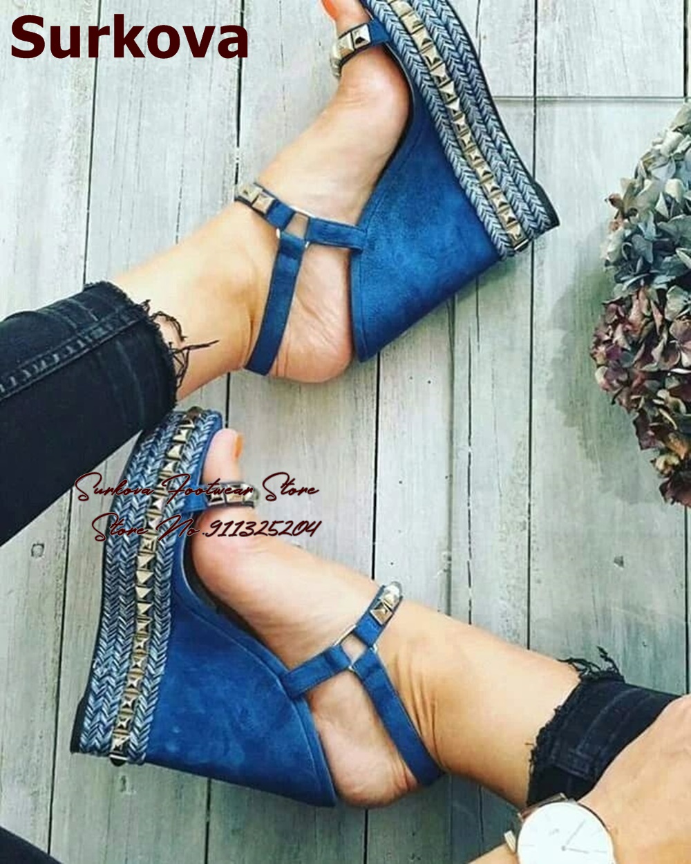 Women Shoes Jeans - Surkova Blue Denim Keil absatz Gold