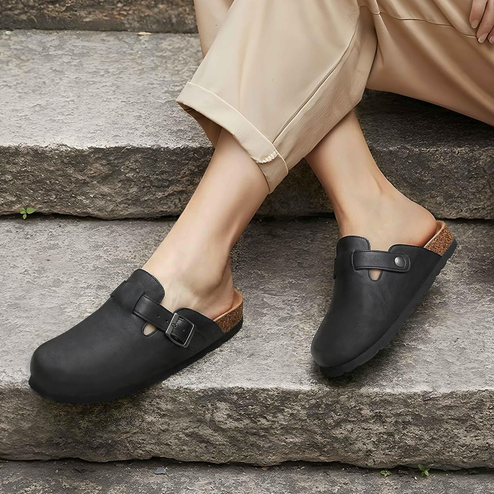 Women'S Shoes Vegan - Litfun Korkfußbett Clogs Vegane Leder-Mules Bequeme