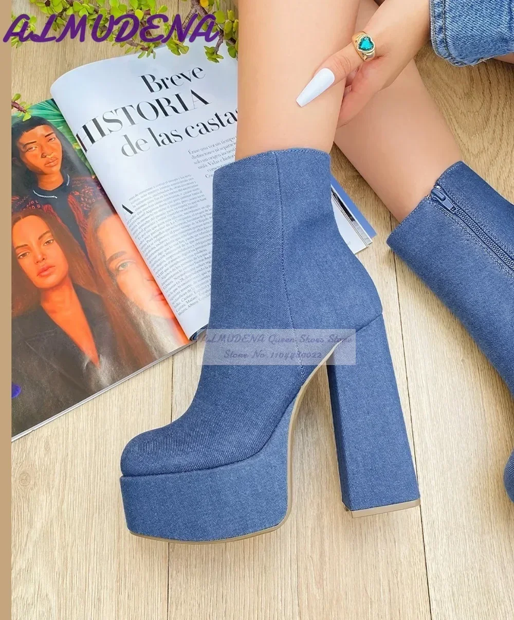 Women Shoes Jeans - ALMUDENA Blue Denim Block Heels Stiefeletten